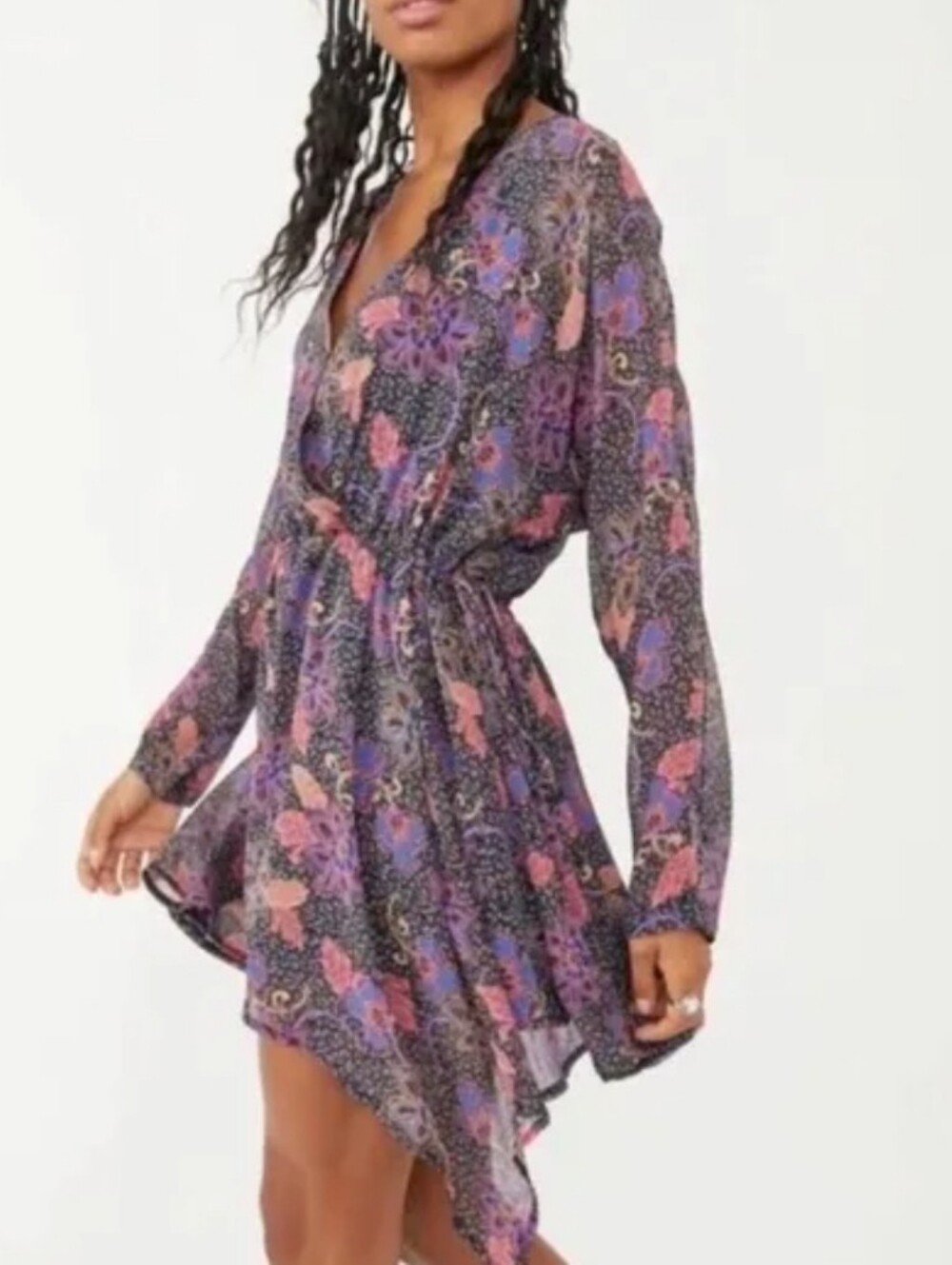 Free People Floral Purple Long-Sleeve Wrap Dress Size L